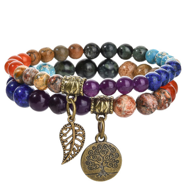 New Product 6m8m Tree of Life Leaf Pendant Set Bracelet Colorful Tiger Eye Amethyst Agate Bracelet Set Amazon