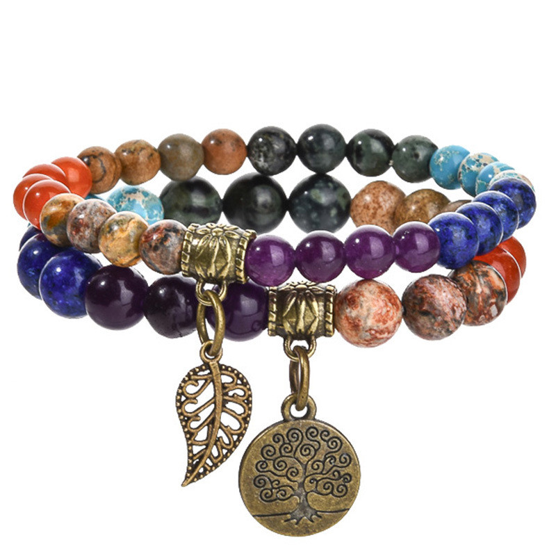 New Product 6m8m Tree of Life Leaf Pendant Set Bracelet Colorful Tiger Eye Amethyst Agate Bracelet Set Amazon