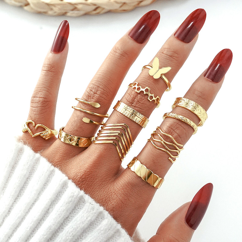 Cross-Border New Fashion Versatile Butterfly Heart Ring Set Personality Geometric Stacking Knuckle Rings Multi-Piece Set