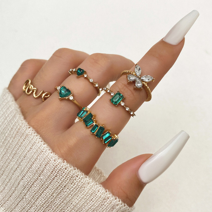 Artistic Retro Green Gemstone Ring for Women with Stone Butterfly LOVE Letter Ring Wholesale