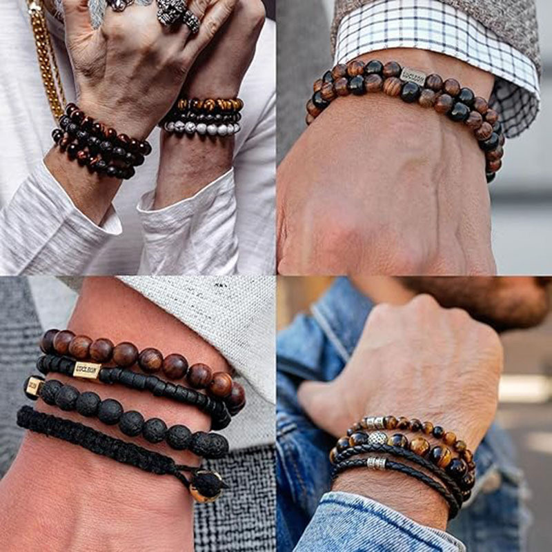 Amazon Cross-Border Volcanic Stone Bracelet Fashion Simple Tiger Eye Stone Bracelet Men's Elastic Cord Spacer Bead Bracelet Set