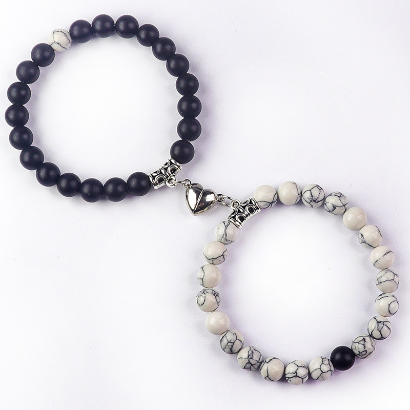 Wish AliExpress 8mm White Turquoise Couple Bracelet Matte Black Heart Magnetic Induction Turquoise Couple Bracelet