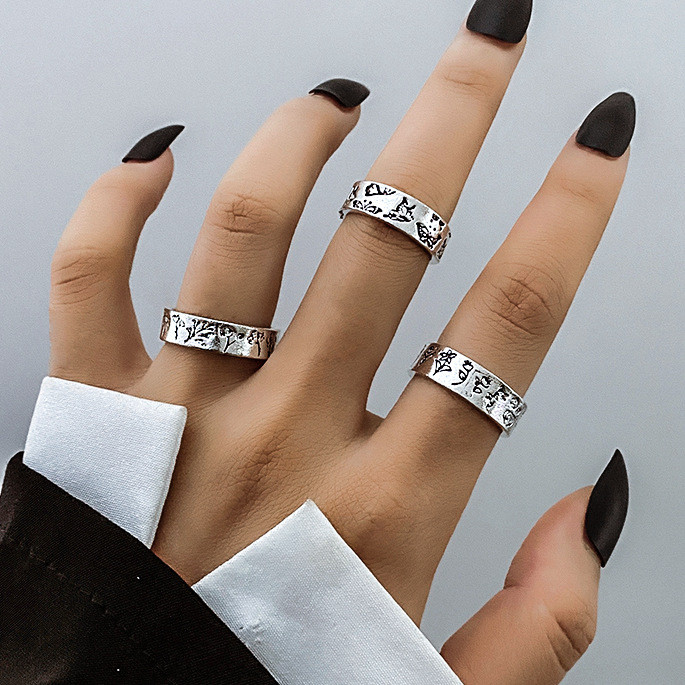 European and American Cross-Border Vintage Distressed Butterfly Snake-Shaped Ring Set Combination Open Multi-Joint Ring Set 9-Piece Set