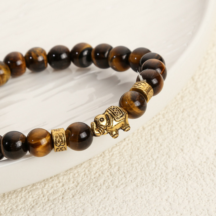 Cross-Border 8mm Tiger Eye Stone White Pine Volcanic Stone Gold Sand Black Small Elephant Unisex Fashion Bracelet Jewelry