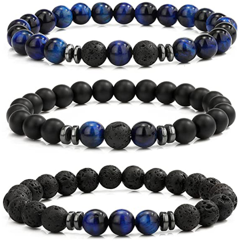Amazon Wish New Volcanic Stone Bracelet Jewelry Fashion Simple Tiger Eye Stone Lapis Lazuli Agate Bracelet Set