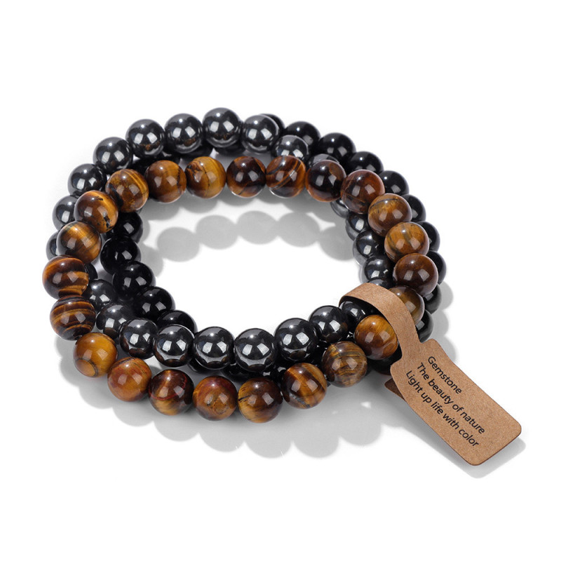 New Product Label Three-Striped Stone Bead Bracelet Set European and American Cross-Border Cat's Eye Bead Agate Unisex Elastic Bracelet