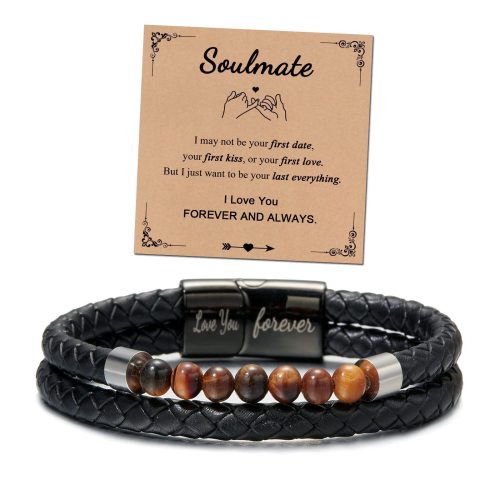 Leather Bracelet Stainless Steel Black Engraved Magnetic Clasp Love You Forever Double Layer Tiger Eye Stone Leather Bracelet