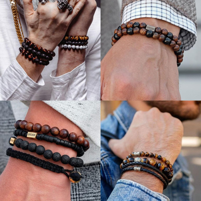 8mm Tiger Eye Bracelet Handmade Woven White Turquoise Bracelet Set Elastic Lava Adjustable Black Unisex Bracelet