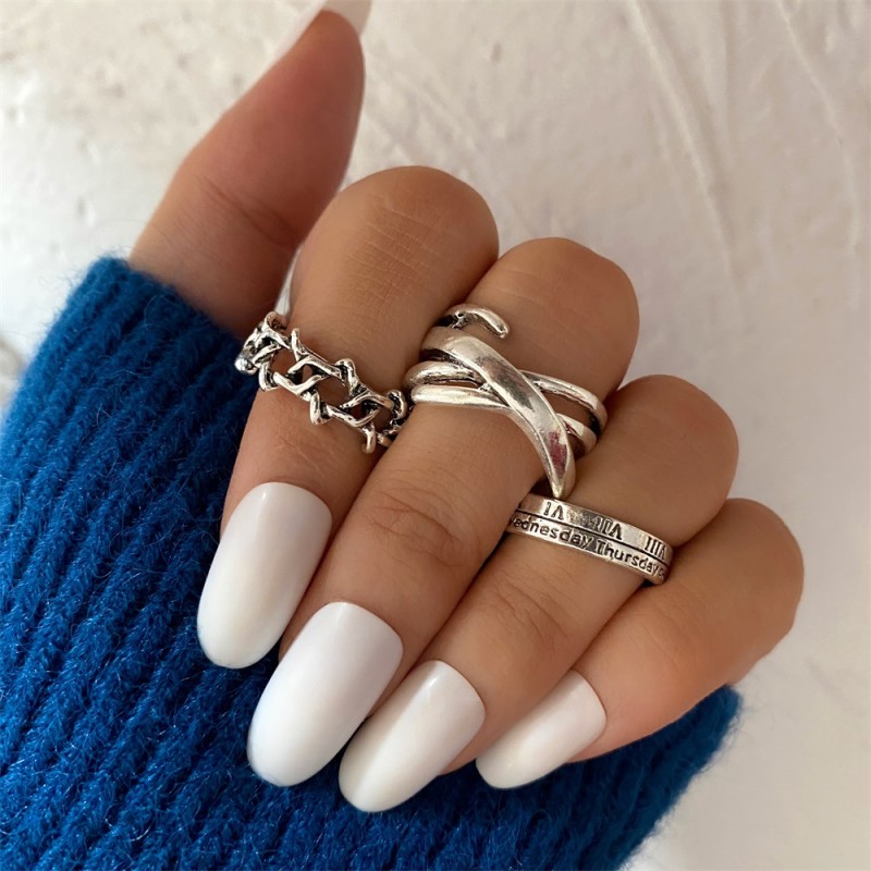 Korean Jewelry Fashion European and American Hip-Hop Minimalist Style Ring 3-Piece Set Personality Open Index Finger Ring Hexagram Retro Knuckle Ring