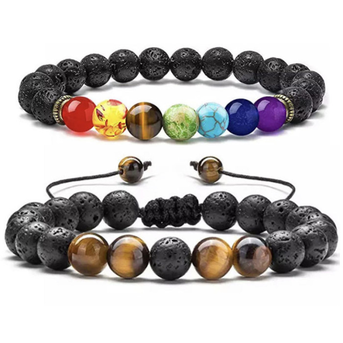 Cross-Border Hot Selling Seven Veins Alloy Jewelry Bracelet Colorful Volcanic Stone Turquoise Tiger Eye Yoga Woven Bracelet Bangle
