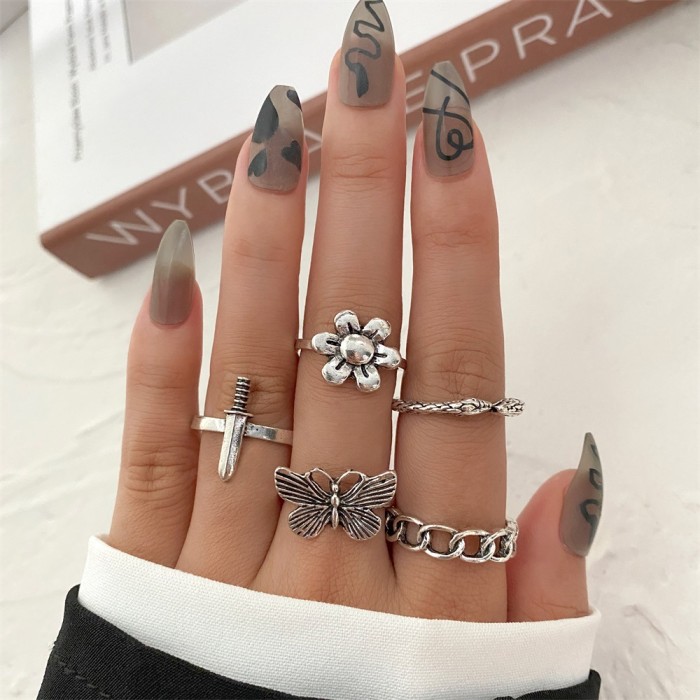 European and American Cross-Border Vintage Distressed Butterfly Snake-Shaped Ring Set Combination Open Multi-Joint Ring Set 9-Piece Set