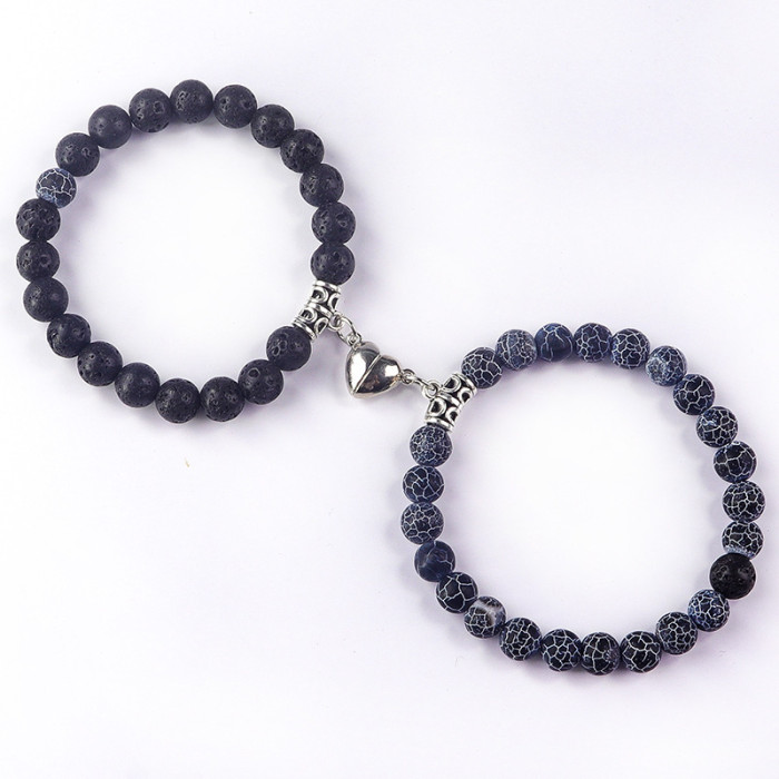 European and American Cross-Border 8mm White Turquoise Couple Bracelet Matte Black Heart Magnetic Induction Turquoise Couple Bracelet Wholesale