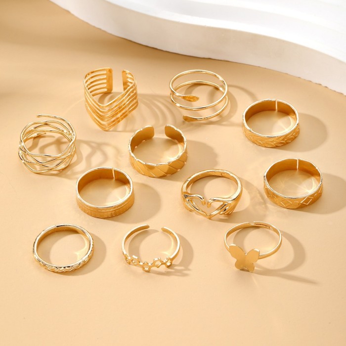 Cross-Border New Fashion Versatile Butterfly Heart Ring Set Personality Geometric Stacking Knuckle Rings Multi-Piece Set