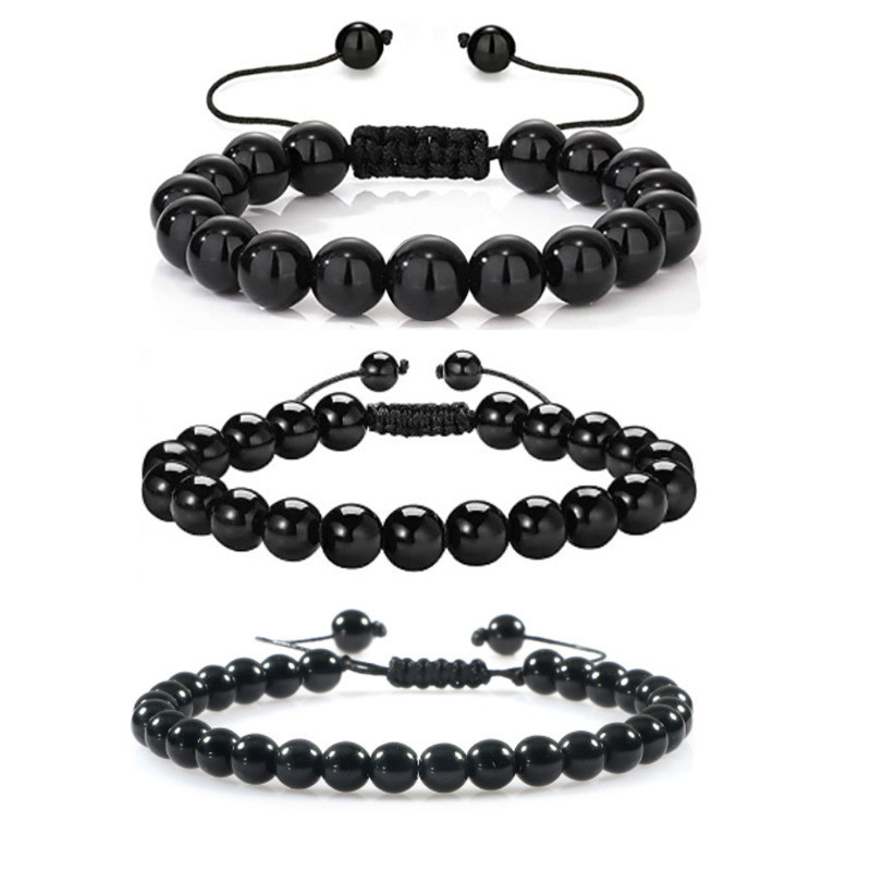 Cross-Border Amazon Hot-Selling Men's Imitation Obsidian Bracelet Imitation Black Agate Bracelet Woven Bead Bracelet Wholesale