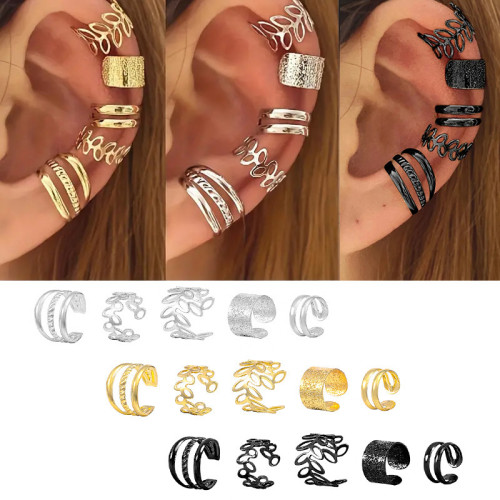 Creative Simple Non-Pierced Ear Cuff Five-Piece Set Personality Gold Leaf Hollow Multi-Layer Earrings C-Shaped Ear Clip for Women