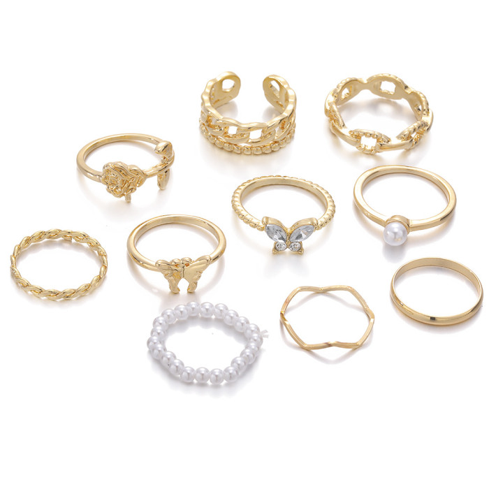 European and American 10-Piece Set Heart Alloy Rings Cross-Border Hot-Selling Butterfly Rings Open Gold Multi-Joint Ring Set