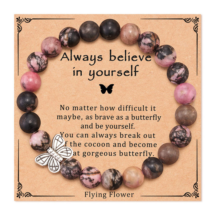 Pink Zebra Bracelet You will be missed Gold Crown Pendant Red Vein Stone Butterfly Pendant Bracelet