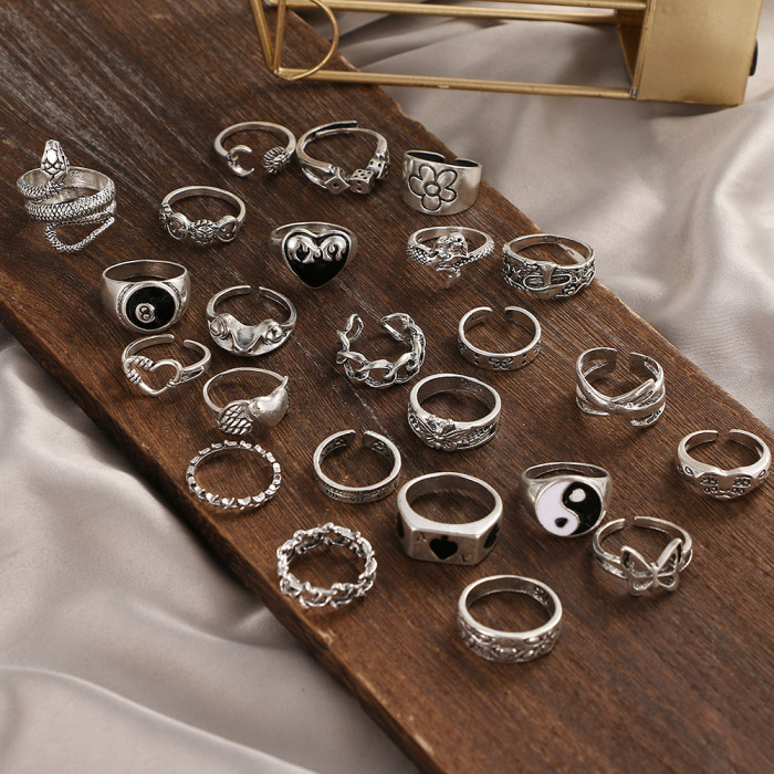 Korean Jewelry AliExpress Hot Sale European and American Retro Heart Butterfly Flower Snake-Shaped Ring Large Set 24-Piece Ring Set