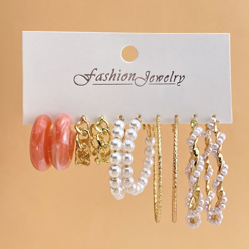 Korean Jewelry Cross-Border Circle Earrings Creative Vintage Pearl Earrings Set of 5 Acrylic Butterfly Pendant Earrings