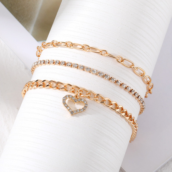 Jewelry Retro Imitation Pearl Chain Beaded Bracelet Simple Alloy Heart Rhinestone Versatile Bangle, Necklaces