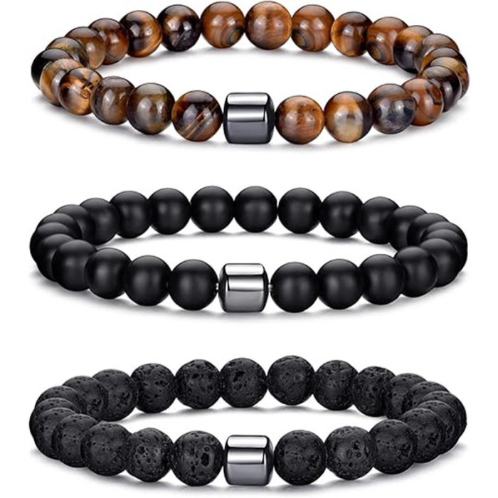 Cross-Border European and American 8mm Stone Beads Men and Women Beaded Set Elastic Bracelet Versatile Turquoise Tiger Eye Stone Bracelet Jewelry