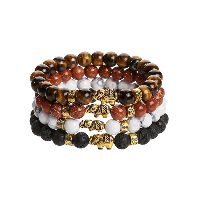 Cross-Border 8mm Tiger Eye Stone White Pine Volcanic Stone Gold Sand Black Small Elephant Unisex Fashion Bracelet Jewelry