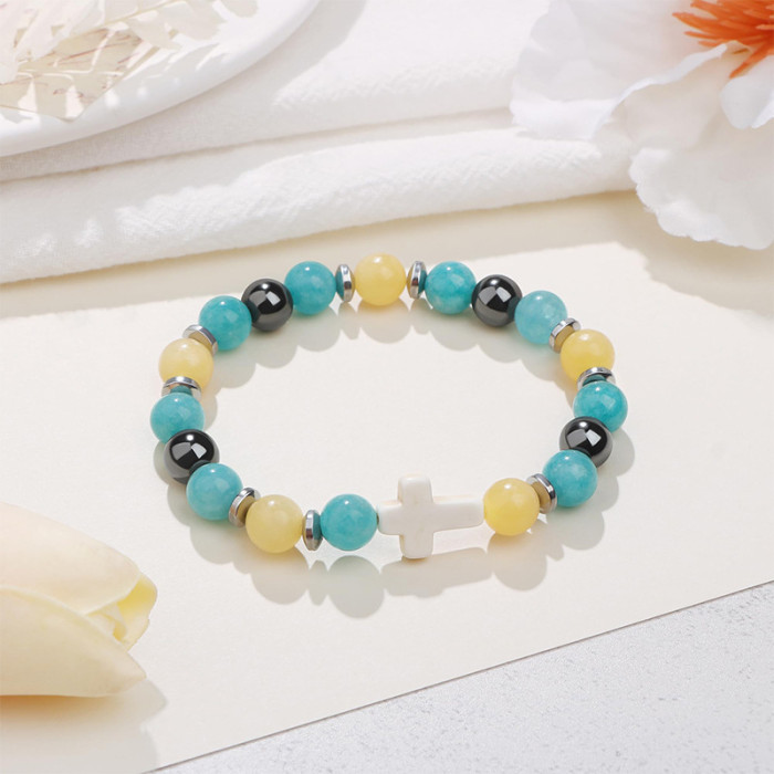 Cross-Border 8mm Pink Zebra Tiger Eye Cross Bracelet Pink Malachite Elastic Beaded Bracelet for Men and Women