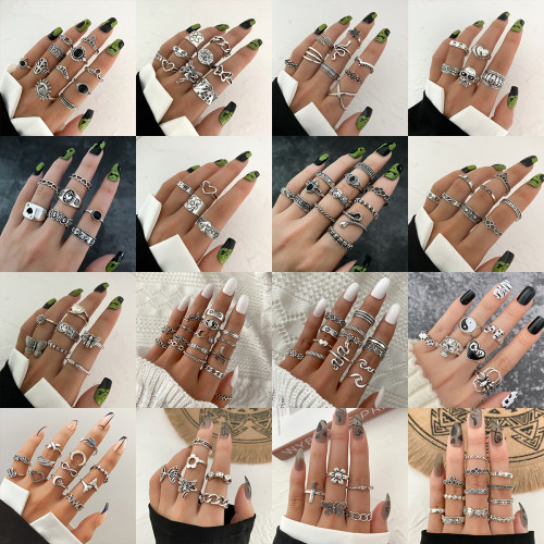 European and American Cross-Border Vintage Distressed Butterfly Snake-Shaped Ring Set Combination Open Multi-Joint Ring Set 9-Piece Set