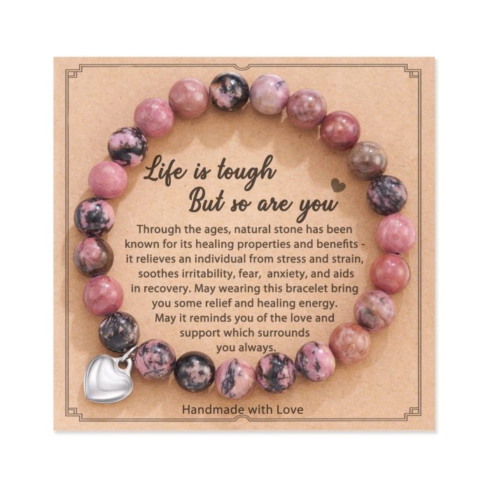 8mm Pink Zebra Stone Bead Bracelet with Card, Holiday Gift for Men and Women, Friendship Heart Bead Bracelet, Wholesale Hot Item