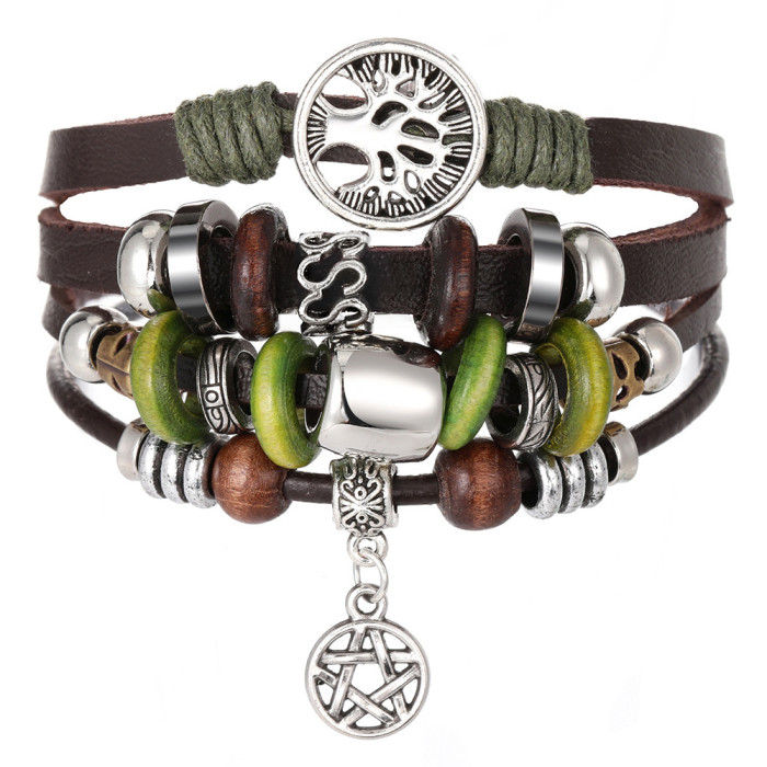 Cross-Border Turquoise Men's Woven Faux Leather Bracelet Multi-Layer Leaf Pendant Beaded Women's Bracelet Wholesale