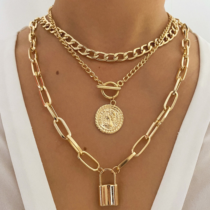 Alloy Embossed Round Pendant Necklace Creative Retro Simple Gold Double Layer Clavicle Chain Choker for Women