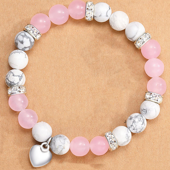Cross-Border New Pink Zebra Lapis Lazuli Pink Quartz White Turquoise Beaded Bracelet Heart Pendant Beaded Bracelet