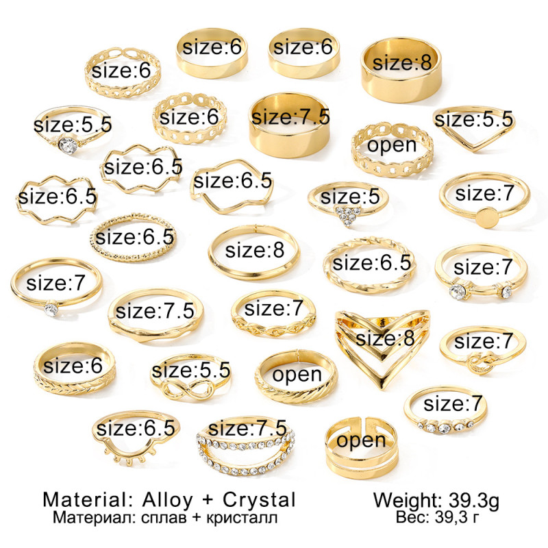 European and American Cross-Border Eyelash Wave Heart Triangle with Rhinestone Ring 30-Piece Set Infinite Love 8-Shape Gold Alloy Ring