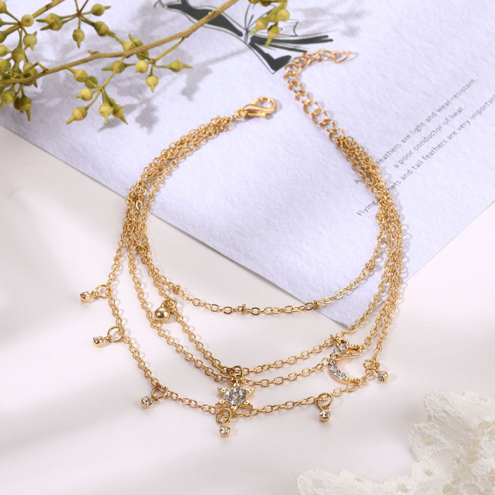 Multi-layer Star Moon Rhinestone Anklet Personality Foot Jewelry Fashion Jewelry Versatile Foot Jewelry HZS2239