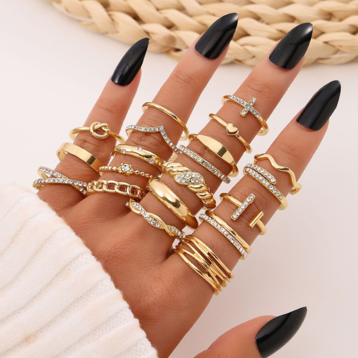 European and American Cross-Border New Style Diamond Cross Knot Heart Spiral Ring 20-Piece Set Adjustable Open Rings