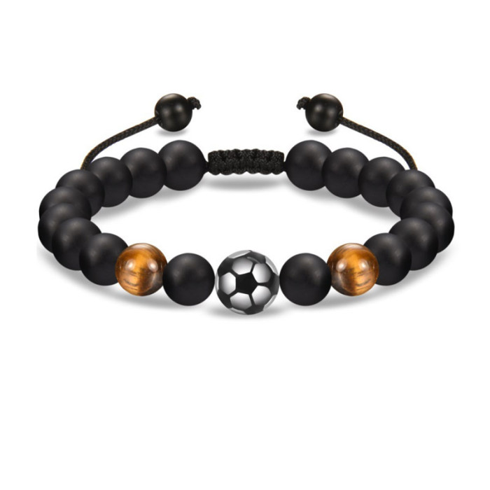 Cross-Border Football Beaded Men's Braided Bracelet Black Matte Coach Football Bracelet Tiger Eye Stone Baseball Bracelet