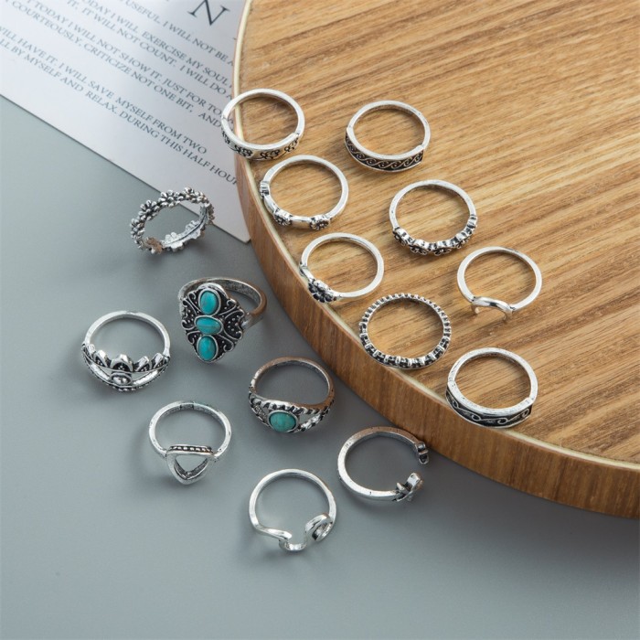 Ethnic Style Retro Inlaid Turquoise Carved Feather Ring Fashionable Personality 15-Piece Set Combination Ring Set