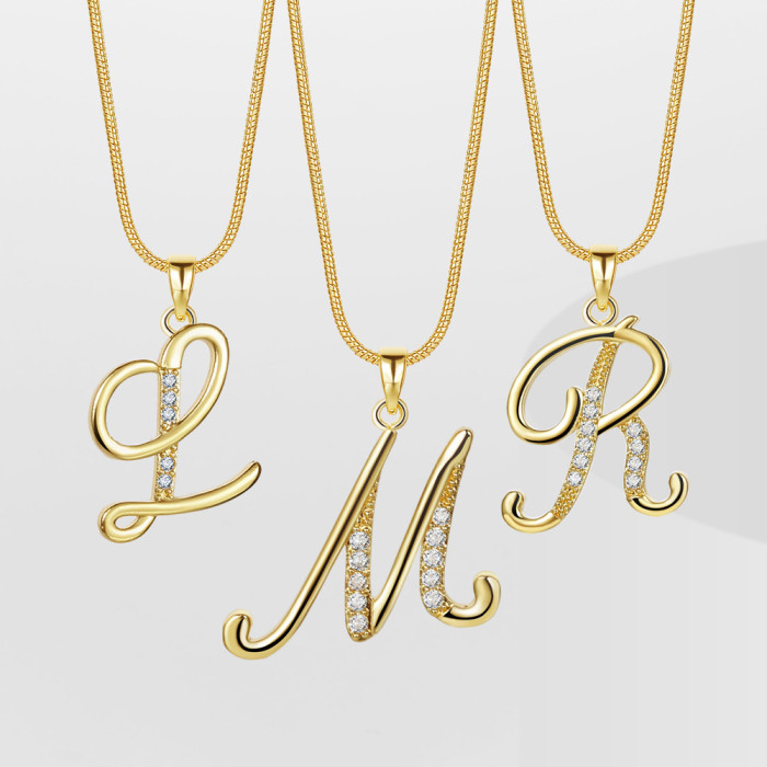 New 26 Letters Creative Simple Alloy Stone-Inlaid Snake Chain Gold Necklace High-End Collarbone Chain for Women