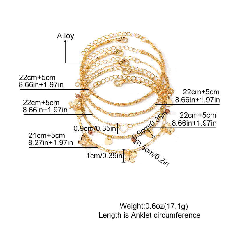 European and American Cross-Border New Fashion Women's Hollow Heart Sequin Butterfly Summer Beach Style Anklet Five-Piece Set Foot Jewelry