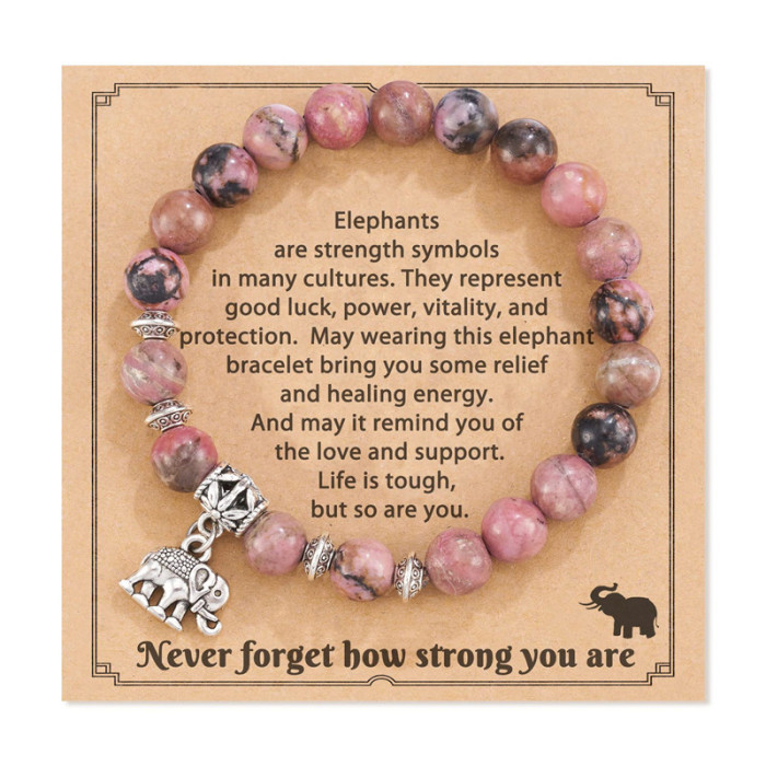 8mm Natural Pink Zebra Stone Bead Bracelet Holiday Gift Graduation Season Unisex Friendship Beaded Elephant Pendant Bracelet