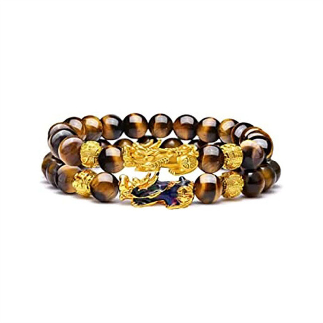Couple Style Cross-Border Tiger Eye Stone Pixiu Men and Women Bracelet Lucky Pixiu Buddha Bead Bracelet Factory In-Stock Wholesale