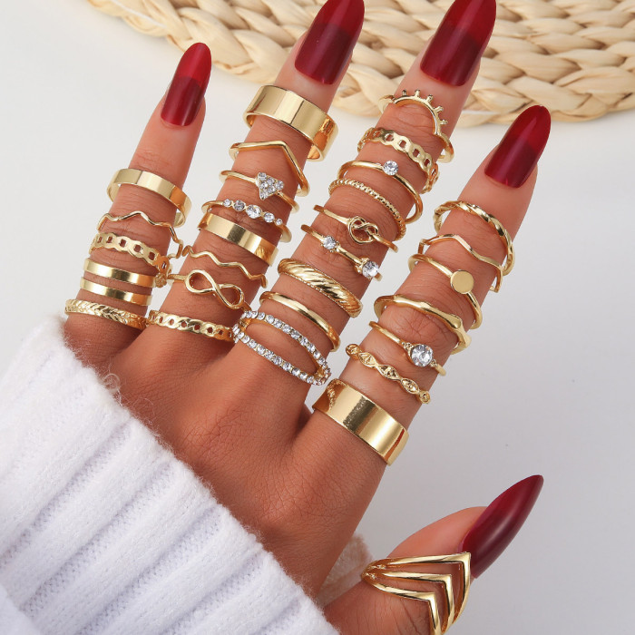 European and American Cross-Border Eyelash Wave Heart Triangle with Rhinestone Ring 30-Piece Set Infinite Love 8-Shape Gold Alloy Ring