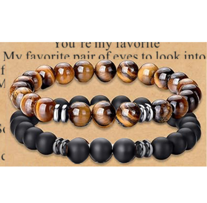 Hot-Selling Amazon European and American Men's Fashion Tiger Eye Volcanic Stone Bracelet White Pine Snowflake Bracelet Versatile Accessories