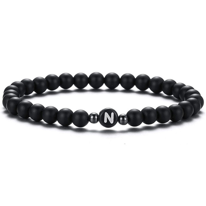 Wish Hot Sale 6MM Black Matte Imitation Obsidian Beads 26 Letter Bracelet Personalized Couple Jewelry Cross-Border