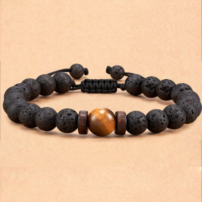Amazon Hot Selling Obsidian Matte Braided Bracelet Men's Football Fashion Tiger Eye Stone Volcanic Stone Beaded Bracelet