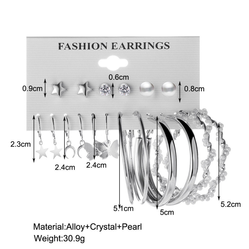 Cross-Border New Silver Butterfly Pearl Earrings Wholesale Creative Simple Five-Pointed Star Moon Earrings Set 9 Pairs