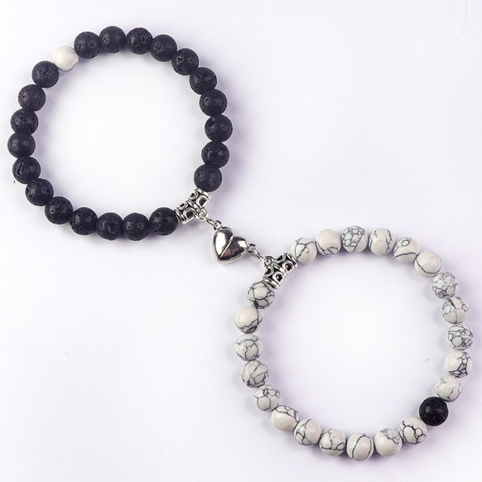 Wish AliExpress 8mm White Turquoise Couple Bracelet Matte Black Heart Magnetic Induction Turquoise Couple Bracelet