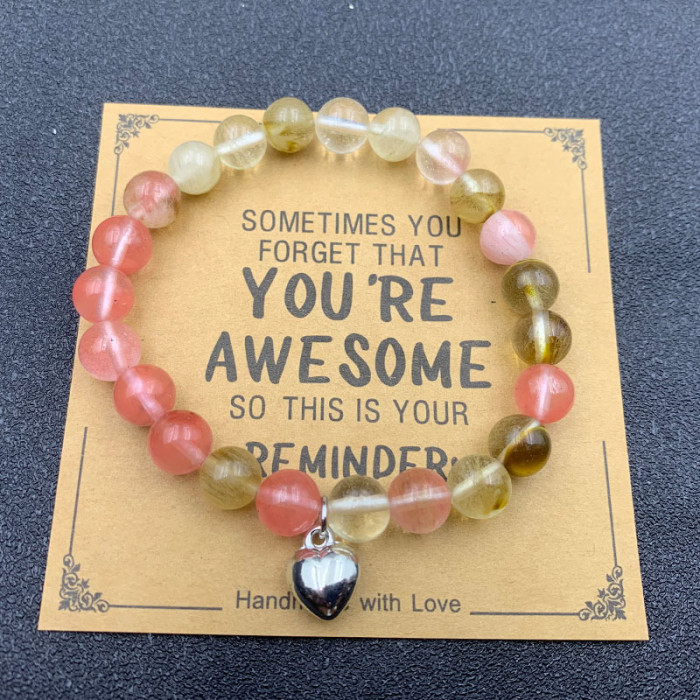 8mm Pink Zebra Stone Bead Bracelet with Card, Holiday Gift for Men and Women, Friendship Heart Bead Bracelet, Wholesale Hot Item