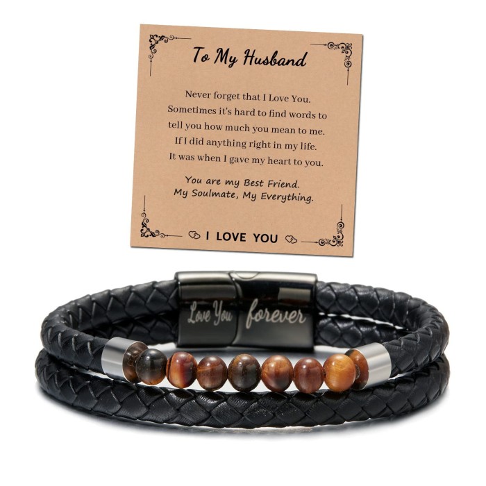 Leather Bracelet Stainless Steel Black Engraved Magnetic Clasp Love You Forever Double Layer Tiger Eye Stone Leather Bracelet