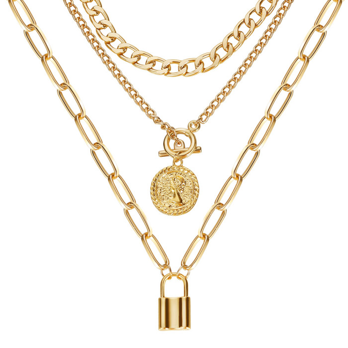 Alloy Embossed Round Pendant Necklace Creative Retro Simple Gold Double Layer Clavicle Chain Choker for Women
